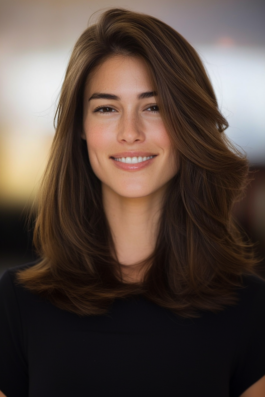 11. Airy Layers with Middle Part in Dark Chestnut (Trendy Mid Length Haircuts With Layers) - Trendy Mid Length Haircuts With Layers