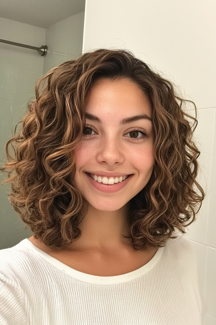 12. Curly Layered Bob in Caramel Brown (Trendy Mid Length Haircuts With Layers) - Trendy Mid Length Haircuts With Layers