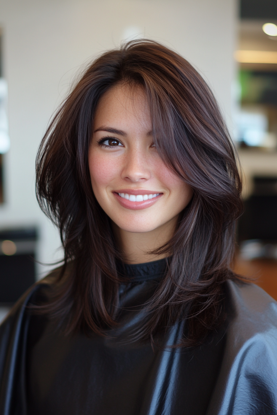 14. Messy Mid-Length Layers in Deep Mahogany (Trendy Mid Length Haircuts With Layers) - Trendy Mid Length Haircuts With Layers