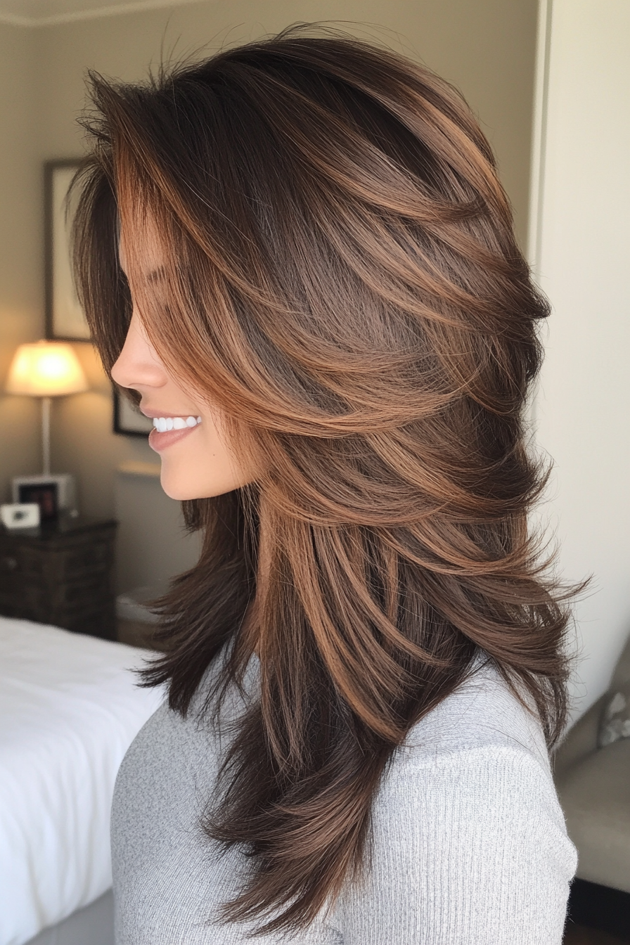 15. Voluminous Layered Cut in Medium Brown with Chestnut Highlights (Trendy Mid Length Haircuts With Layers) - Trendy Mid Length Haircuts With Layers