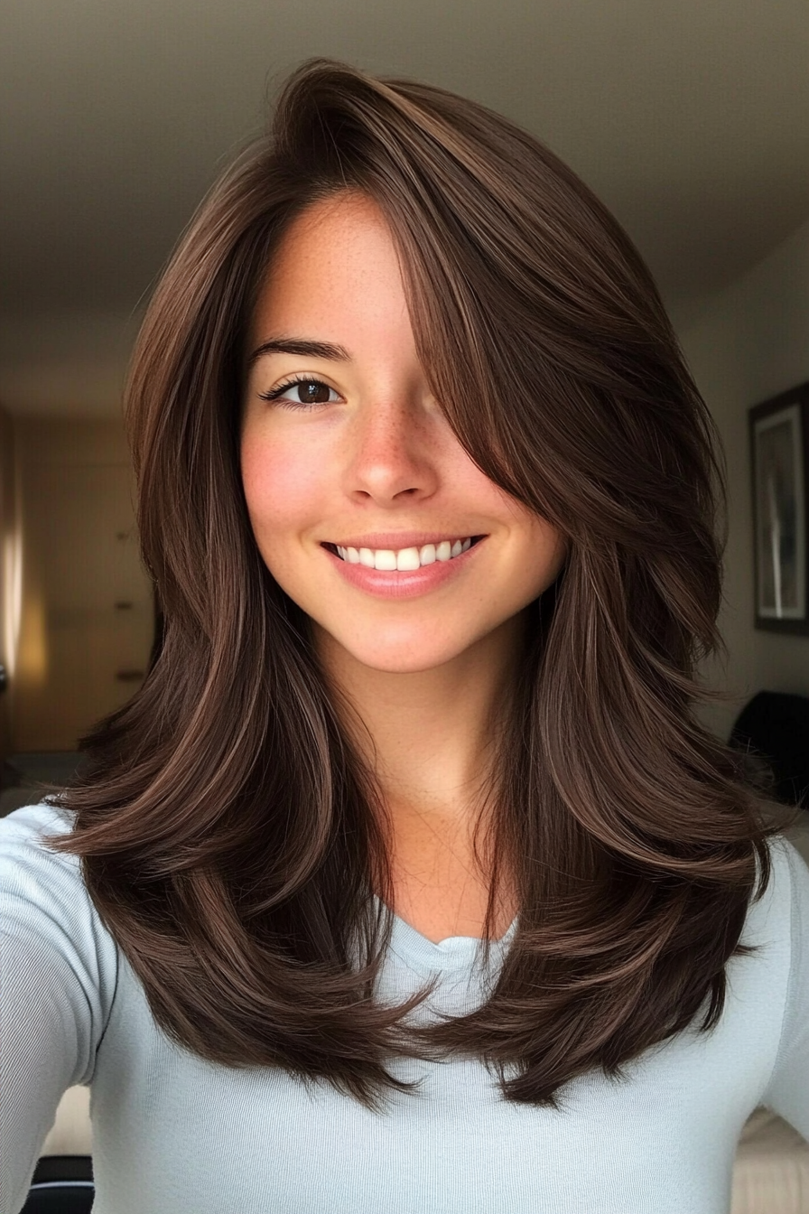 18. Face-Framing U-Cut Layers in Rich Chocolate Brown (Trendy Mid Length Haircuts With Layers) - Trendy Mid Length Haircuts With Layers