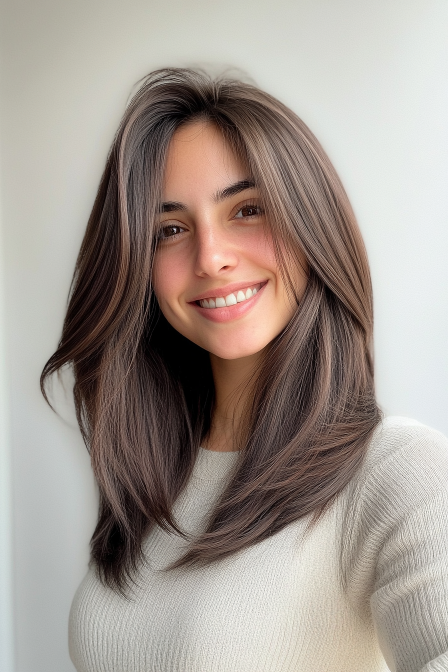 20. Subtle V-Cut Layers in Deep Brunette (Trendy Mid Length Haircuts With Layers) - Trendy Mid Length Haircuts With Layers