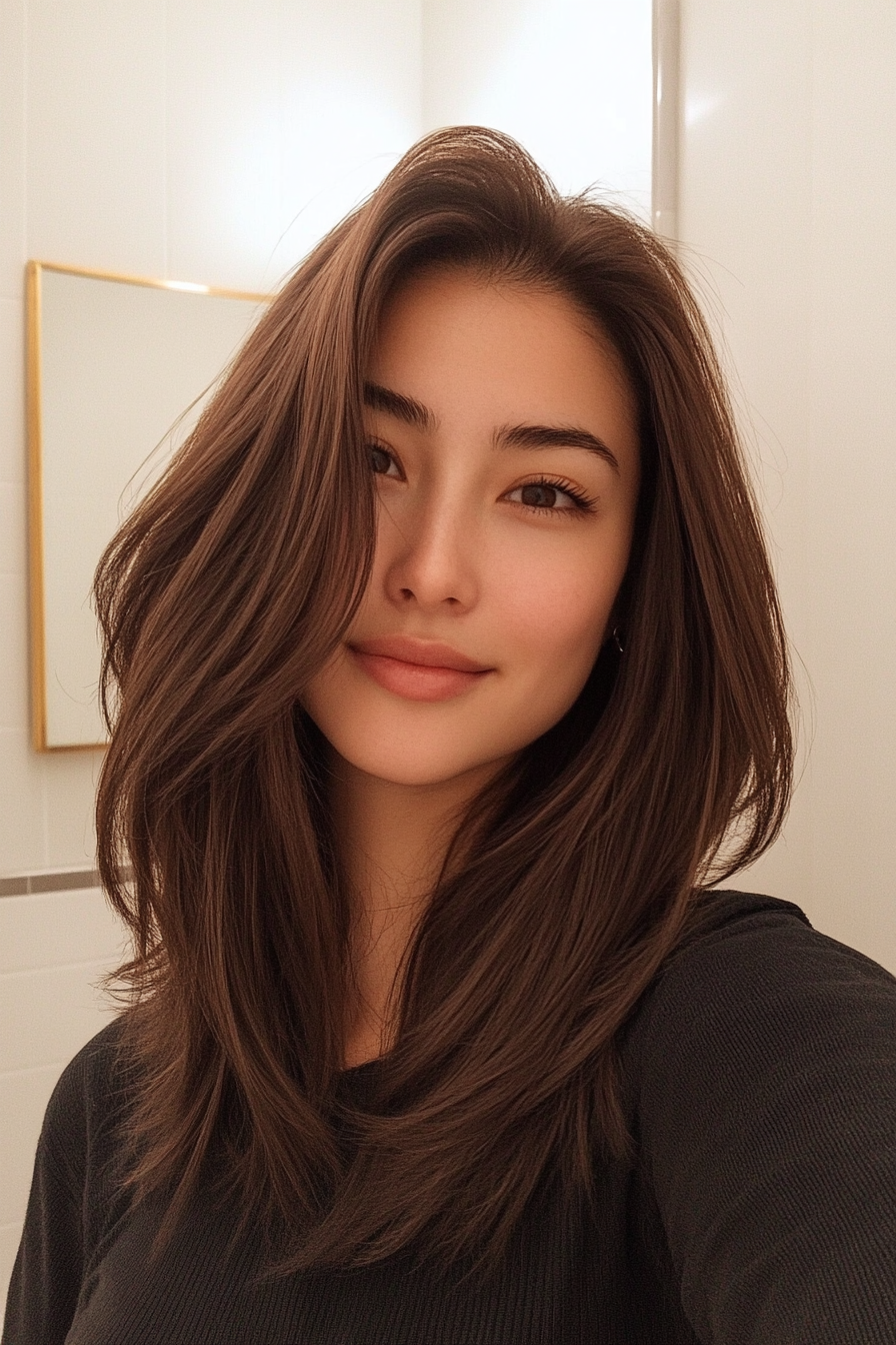 21. Layered Lob with Invisible Layers in Warm Toffee Brown (Trendy Mid Length Haircuts With Layers) - Trendy Mid Length Haircuts With Layers