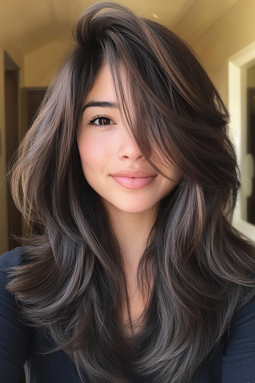 24. Dimensional Layers with Long Bangs in Espresso Brown (Trendy Mid Length Haircuts With Layers) - Trendy Mid Length Haircuts With Layers