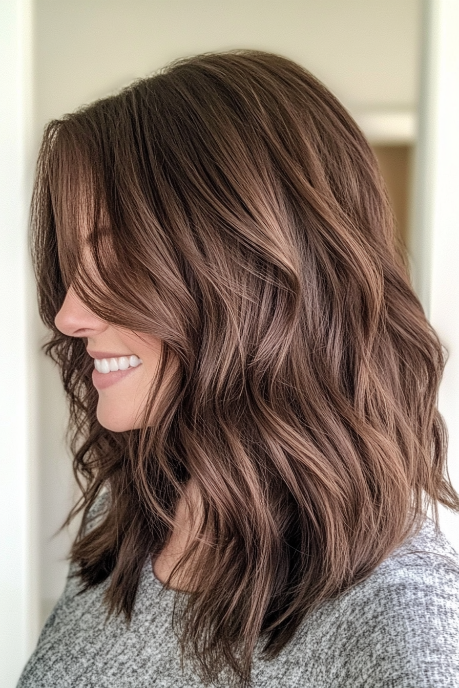 26. Shoulder-Grazing Layers with Soft Waves in Deep Walnut Brown (Trendy Mid Length Haircuts With Layers) - Trendy Mid Length Haircuts With Layers