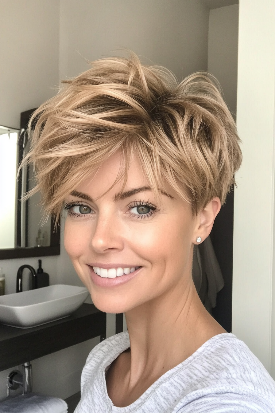 2. Textured Pixie Cut in Sandy Blonde (Layered Hairstyles For Thin Hair) - Layered Hairstyles For Thin Hair