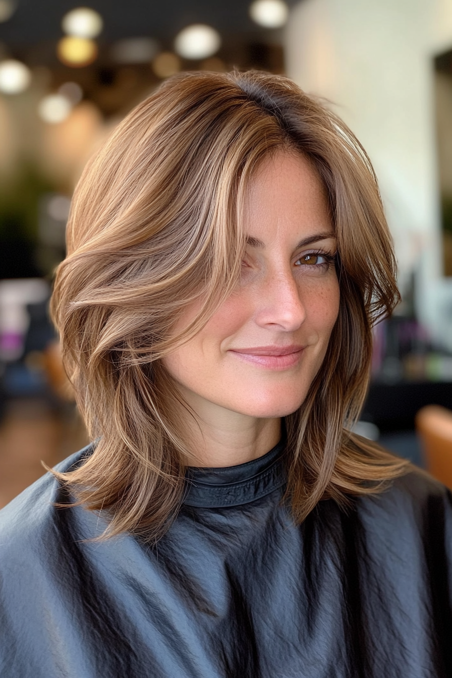 5. Feathered Bob with Side-Swept Bangs in Caramel Brown (Layered Hairstyles For Thin Hair) - Layered Hairstyles For Thin Hair