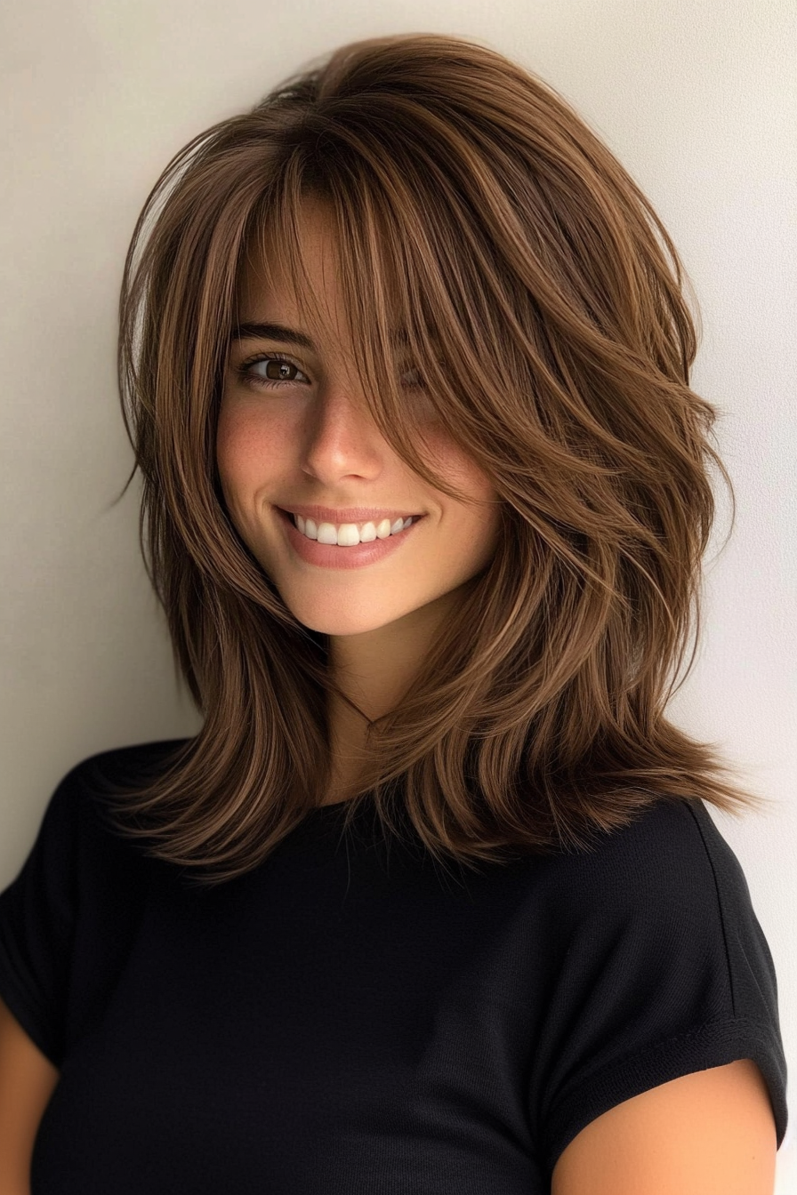 7. Choppy Layers with Curtain Bangs in Mocha Brown (Layered Hairstyles For Thin Hair) - Layered Hairstyles For Thin Hair