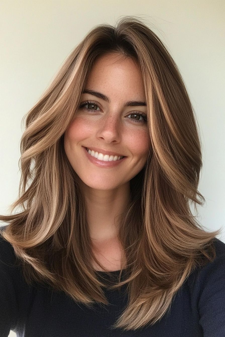 13. Layered Shoulder-Length Cut with Balayage in Bronde (Layered Hairstyles For Thin Hair) - Layered Hairstyles For Thin Hair
