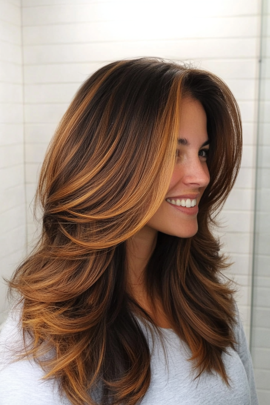 14. Voluminous Layers with Deep Side Part in Chestnut Ombre (Layered Hairstyles For Thin Hair) - Layered Hairstyles For Thin Hair