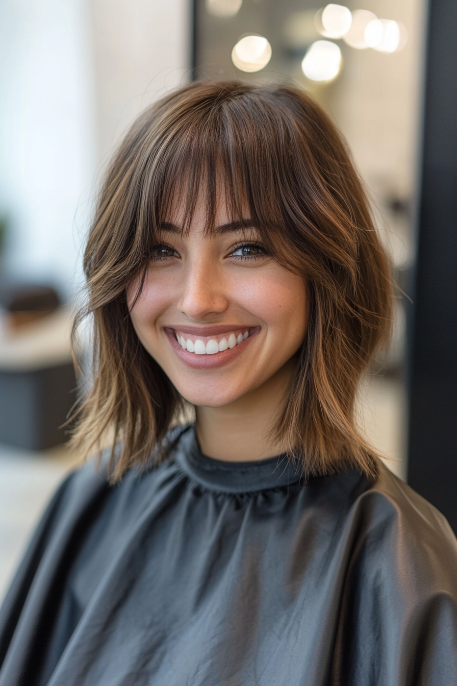 19. Layered Lob with Blunt Bangs in Soft Caramel (Layered Hairstyles For Thin Hair) - Layered Hairstyles For Thin Hair