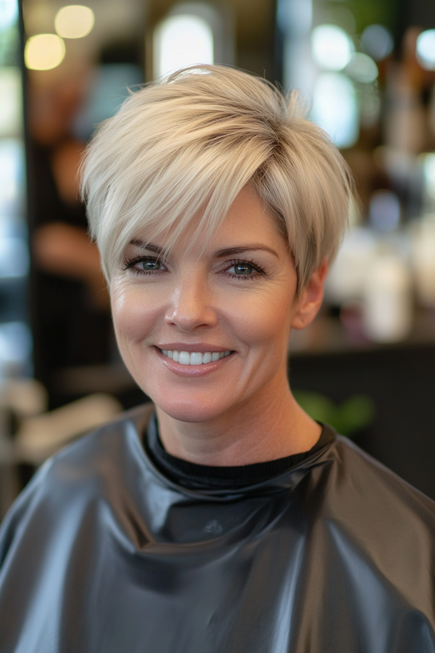 23. Layered Pixie with Long Bangs in Silver Blonde (Layered Hairstyles For Thin Hair) - Layered Hairstyles For Thin Hair