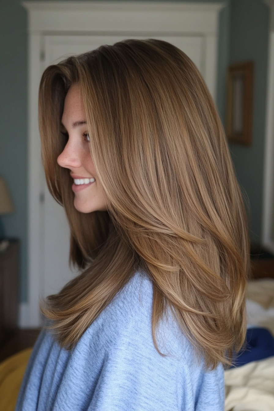 24. Soft Layers with Center Part in Almond Brown (Layered Hairstyles For Thin Hair) - Layered Hairstyles For Thin Hair