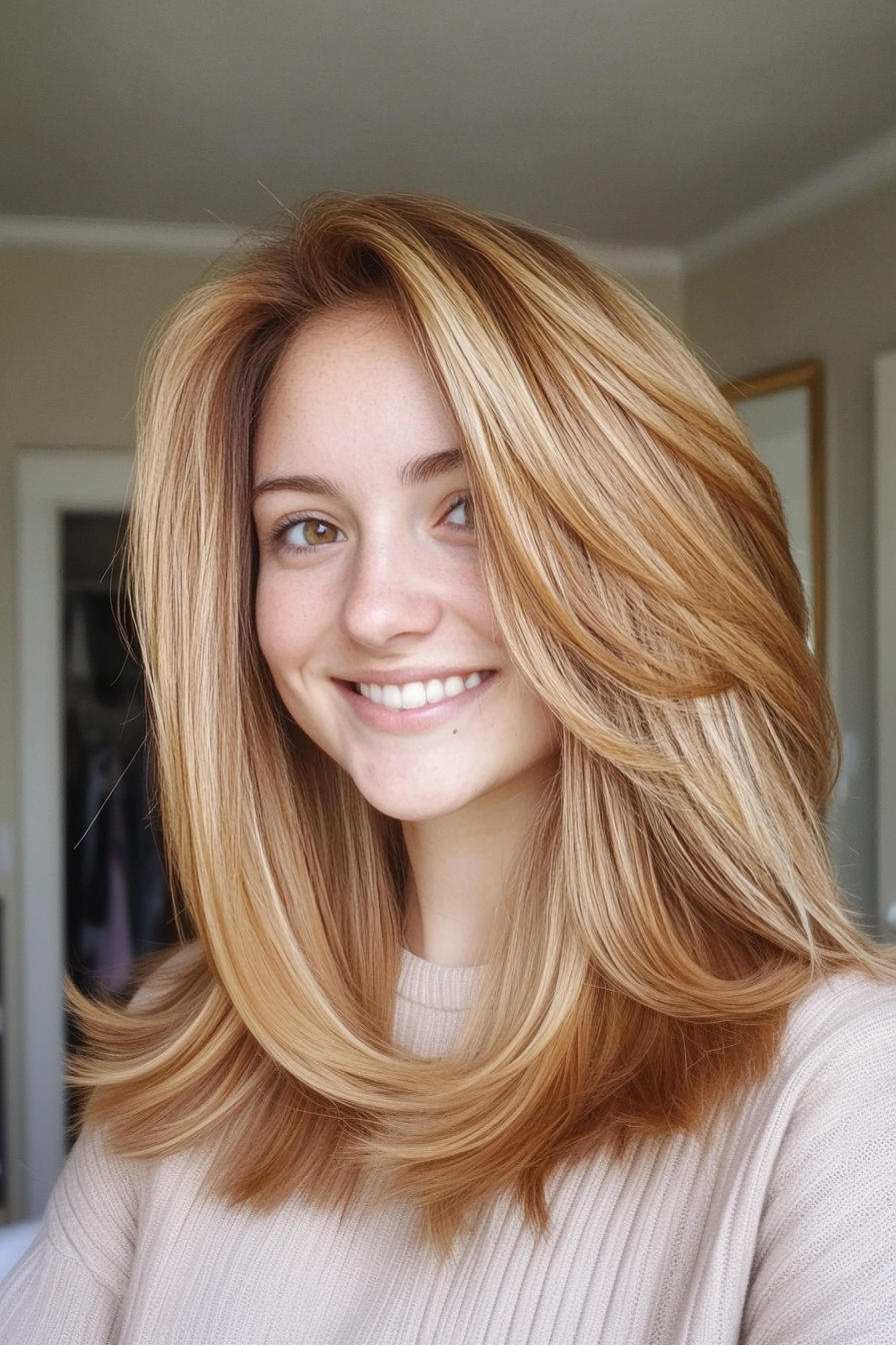25. Layered Cut with Flicked Ends in Golden Honey (Layered Hairstyles For Thin Hair) - Layered Hairstyles For Thin Hair