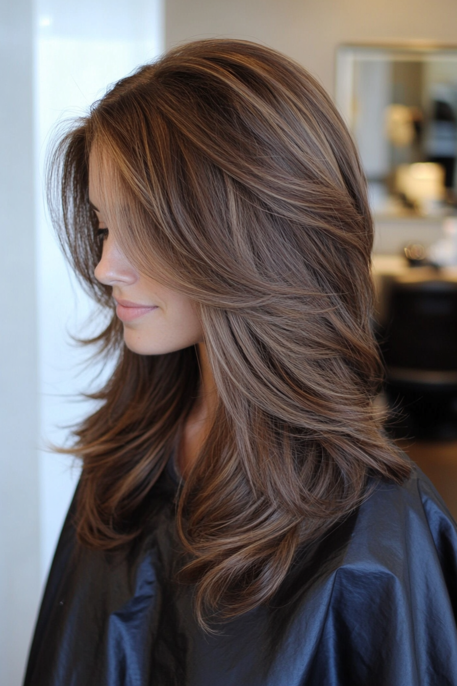 26. Textured Layers with Side Fringe in Toffee Brown (Layered Hairstyles For Thin Hair) - Layered Hairstyles For Thin Hair