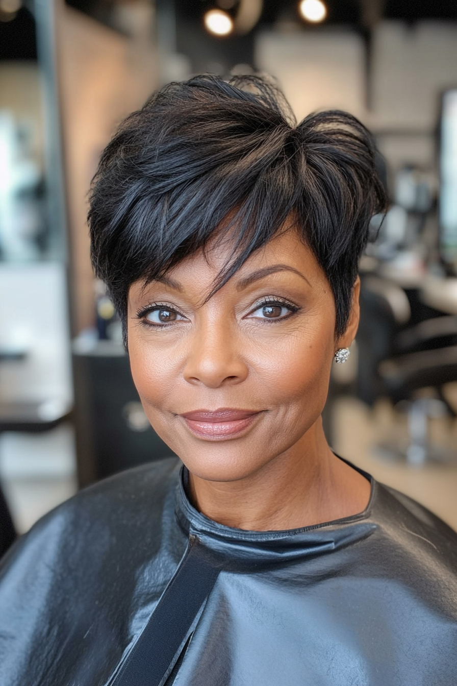 1. Layered Pixie in Soft Black (Black Hairstyles For Older Women) - Black Hairstyles For Older Women