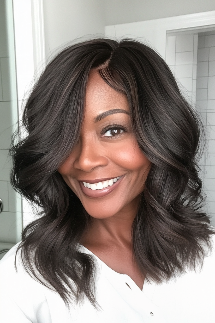 6. Wavy Lob in Cool Dark Brown (Black Hairstyles For Older Women) - Black Hairstyles For Older Women