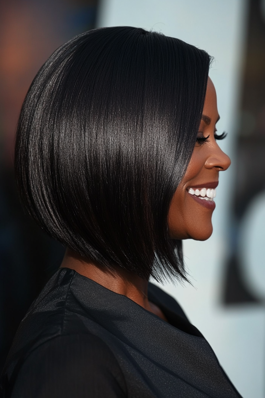 8. Angled Bob in Deep Ebony (Black Hairstyles For Older Women) - Black Hairstyles For Older Women