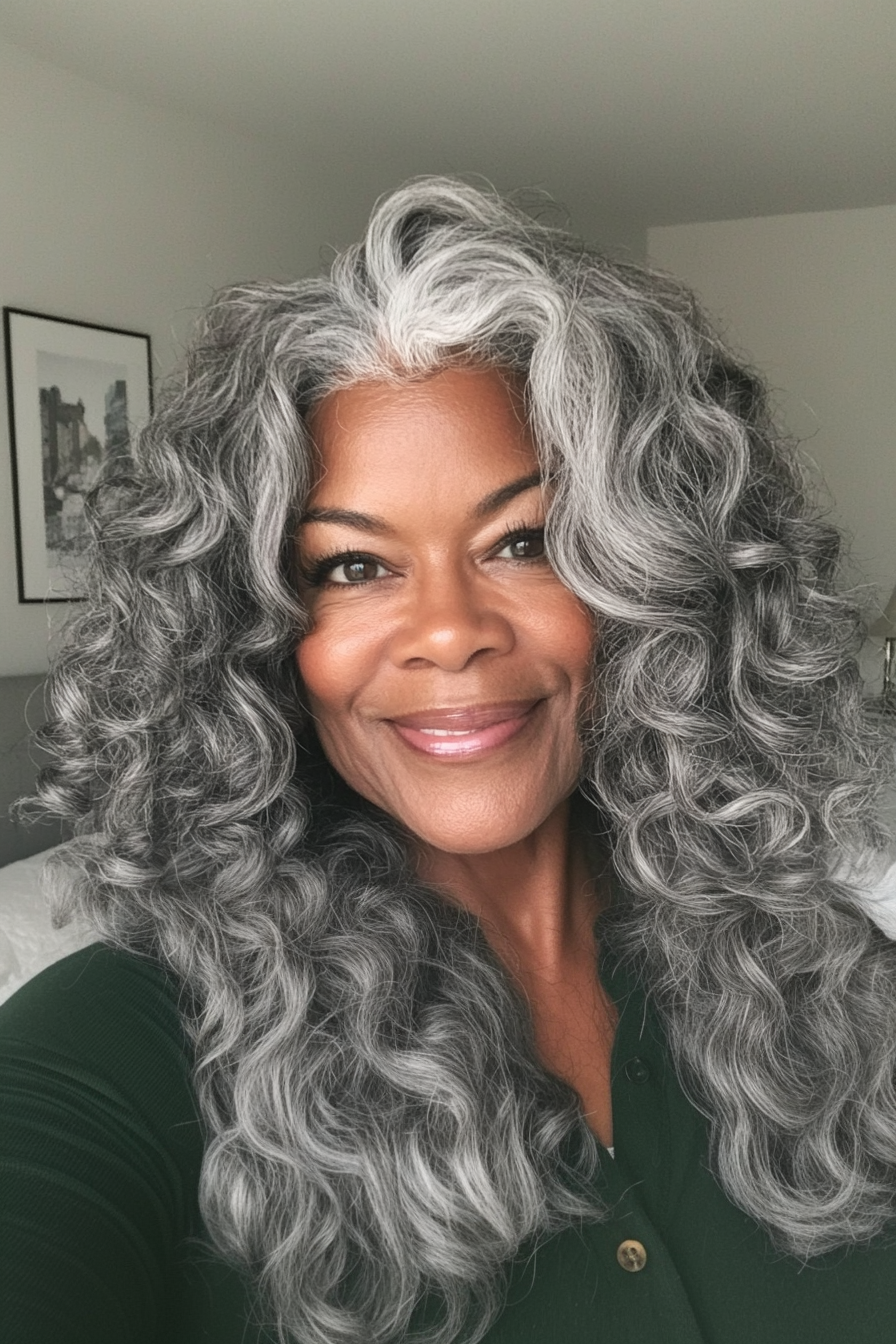 12. Voluminous Curls in Natural Grey (Black Hairstyles For Older Women) - Black Hairstyles For Older Women