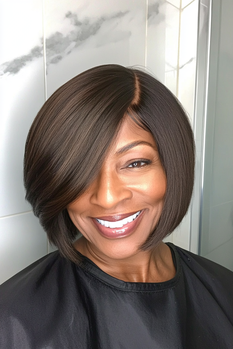 13. Side-Parted Bob in Earthy Brown (Black Hairstyles For Older Women) - Black Hairstyles For Older Women