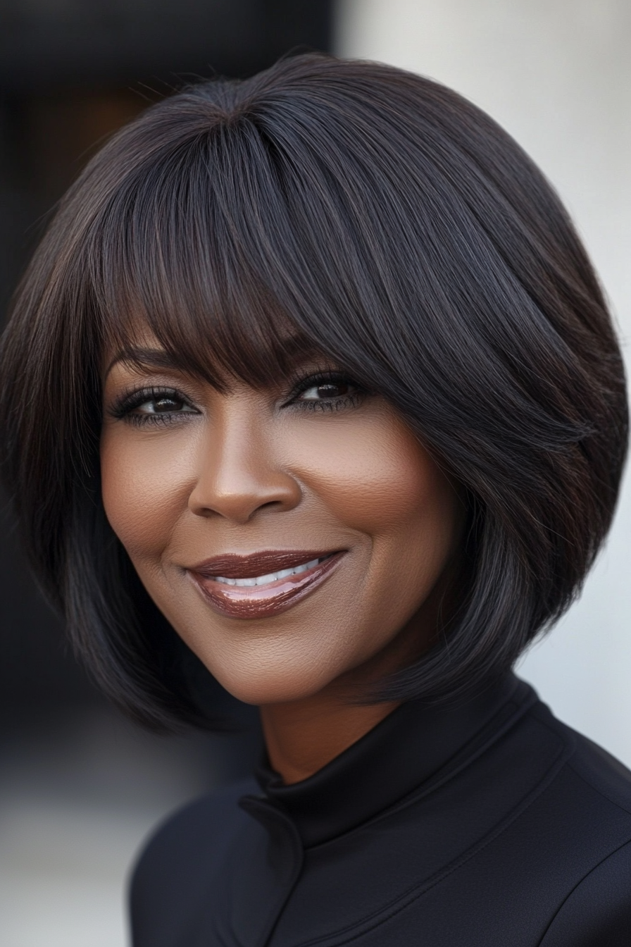 21. Elegant Bob with Bangs in Espresso Brown (Black Hairstyles For Older Women) - Black Hairstyles For Older Women