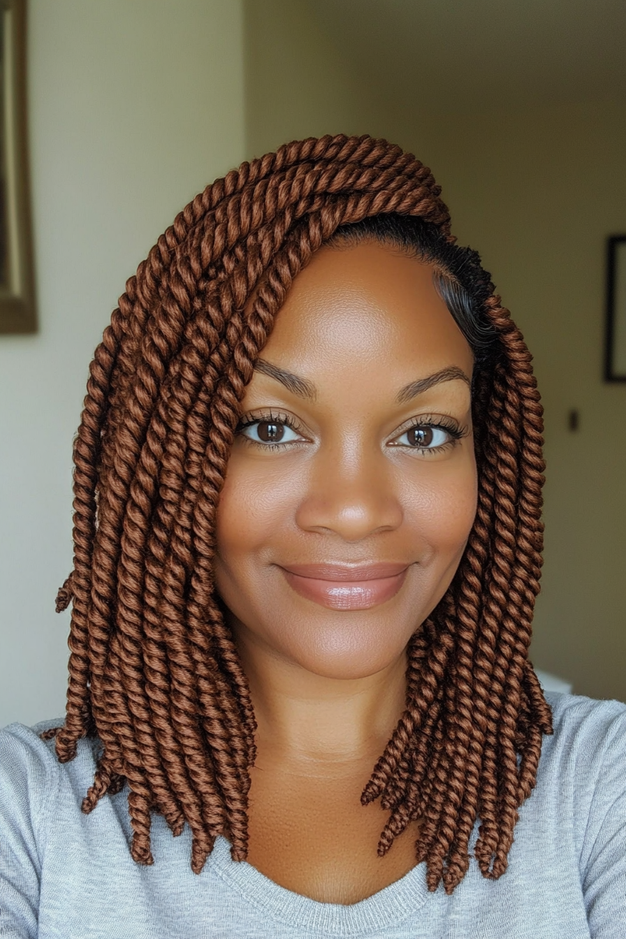 22. Shoulder-Length Twist Braids in Soft Caramel Brown (Black Hairstyles For Older Women) - Black Hairstyles For Older Women