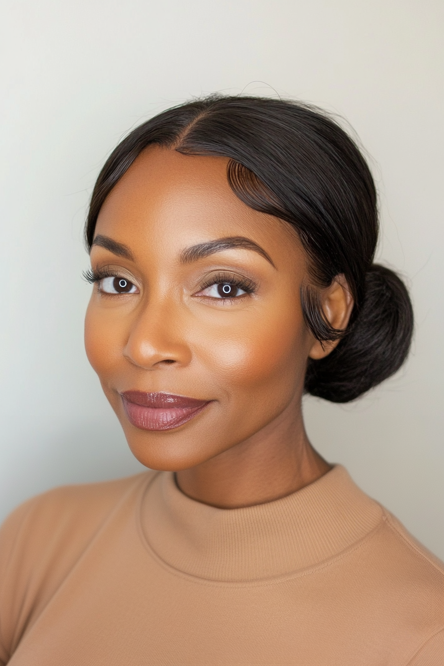 23. Low Bun with Side Swept Bangs in Classic Brown (Black Hairstyles For Older Women) - Black Hairstyles For Older Women