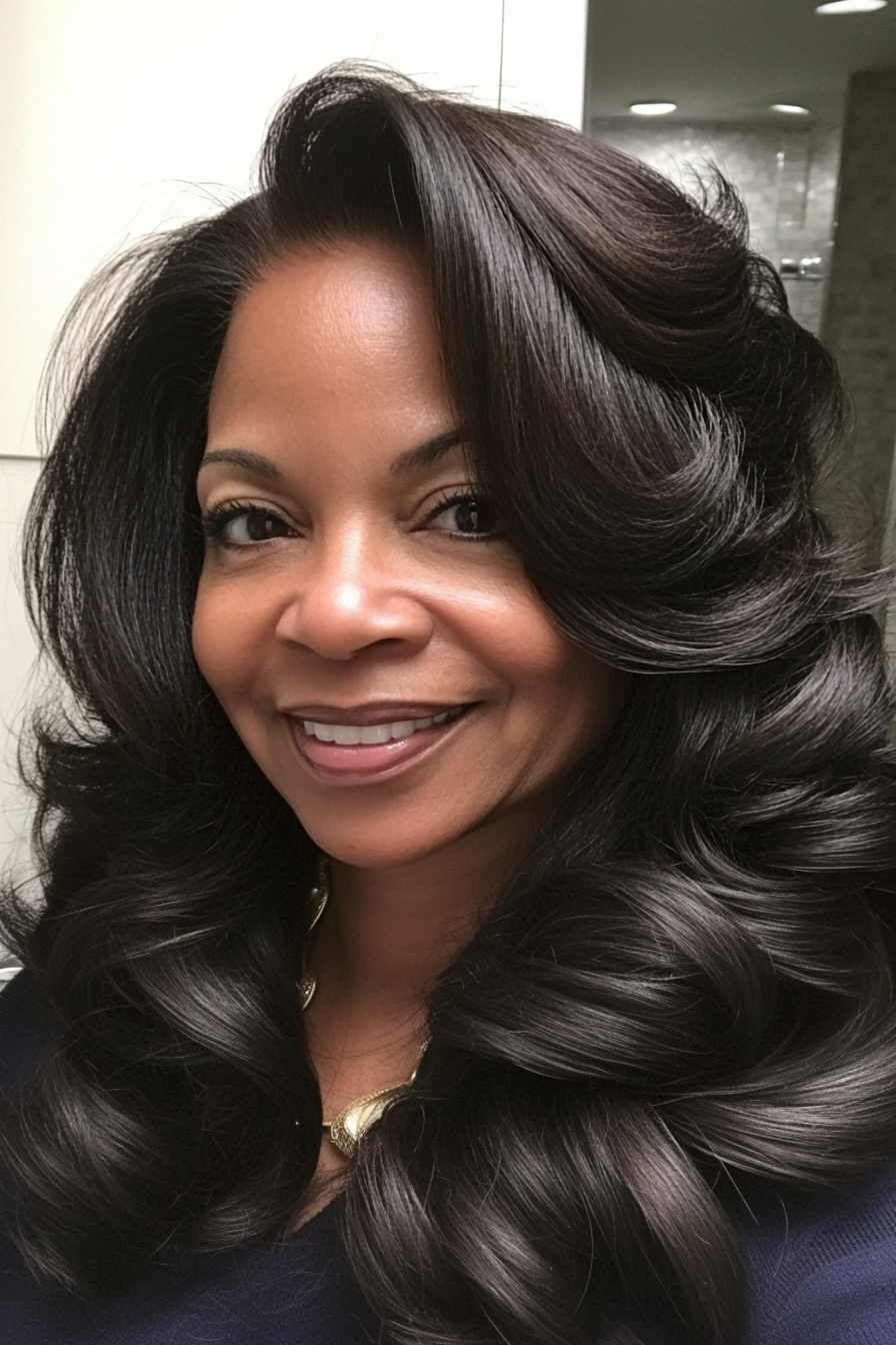 26. Long Layered Curls in Natural Deep Brown (Black Hairstyles For Older Women) - Black Hairstyles For Older Women