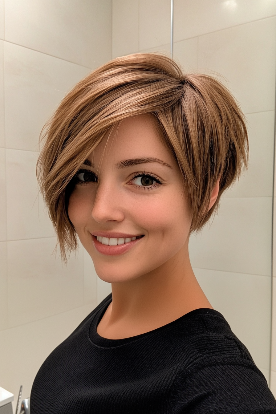 3. Golden Walnut Pixie with Side-Swept Bangs (Pixie Haircuts) - Pixie Haircuts