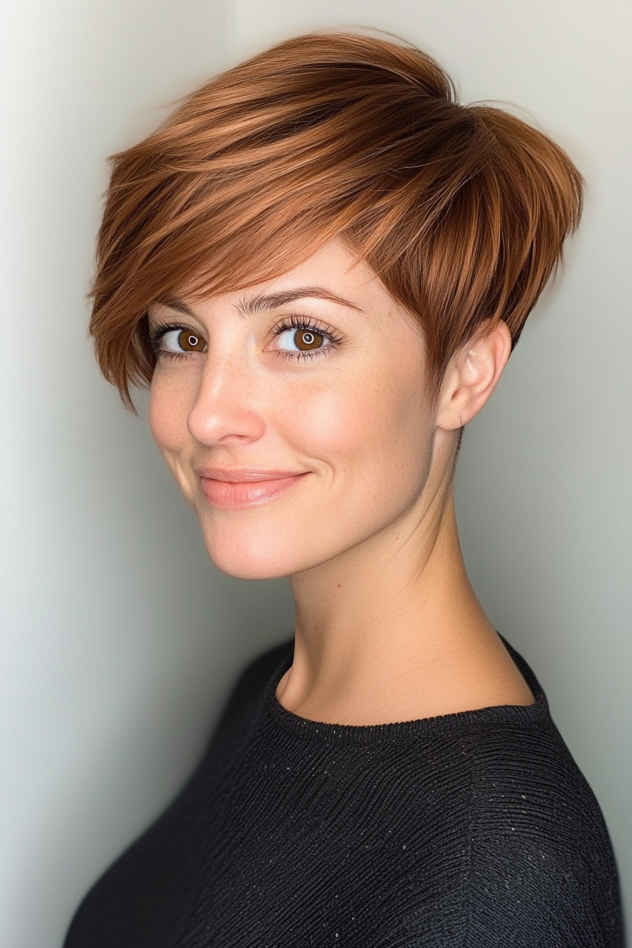 19. Copper Brown Pixie with Long Side Fringe (Pixie Haircuts) - Pixie Haircuts