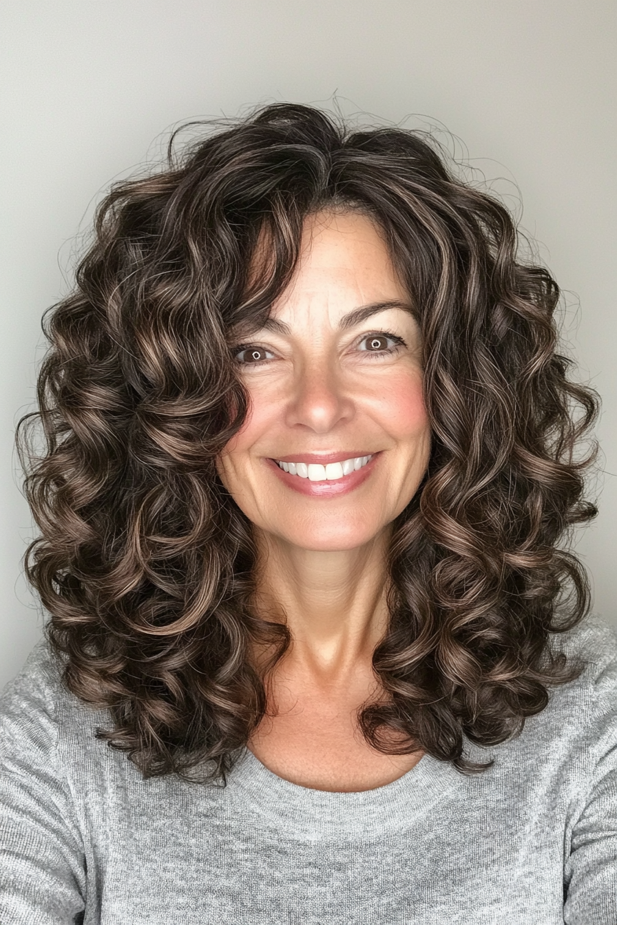 2. Voluminous Shoulder-Length Curls in Deep Brunette (Curly Hairstyles For Women Over 60) - Curly Hairstyles For Women Over 60