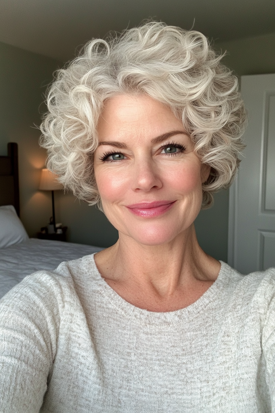 3. Wispy Curly Pixie in Light Ash Blonde (Curly Hairstyles For Women Over 60) - Curly Hairstyles For Women Over 60