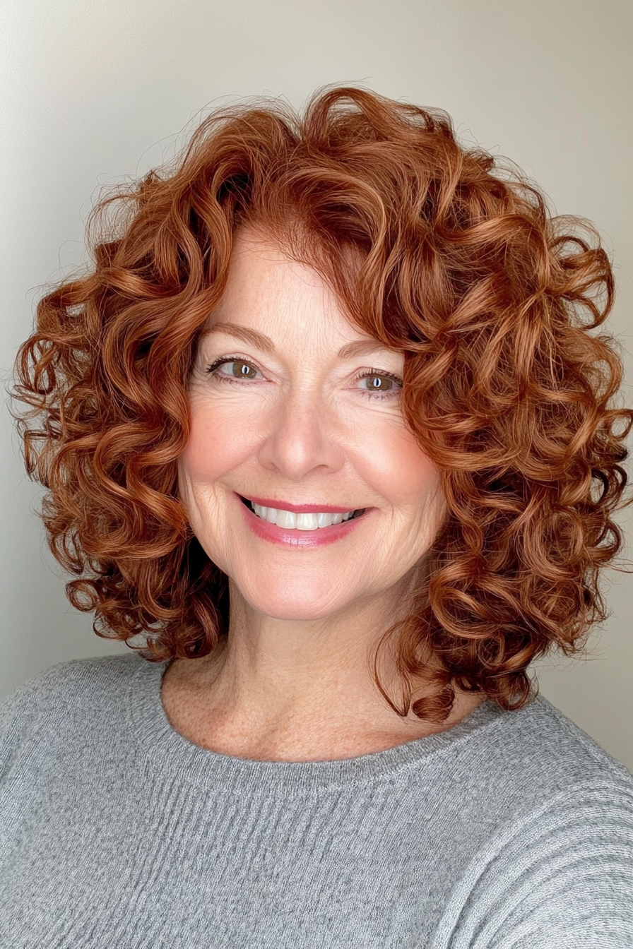 5. Classic Chin-Length Curls in Rich Auburn (Curly Hairstyles For Women Over 60) - Curly Hairstyles For Women Over 60