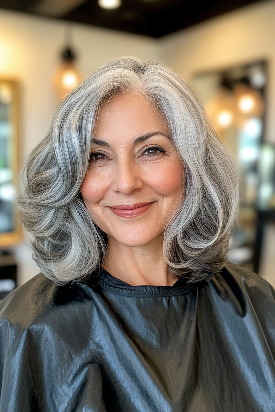 6. Shoulder-Grazing Curly Layers in Salt-and-Pepper (Curly Hairstyles For Women Over 60) - Curly Hairstyles For Women Over 60