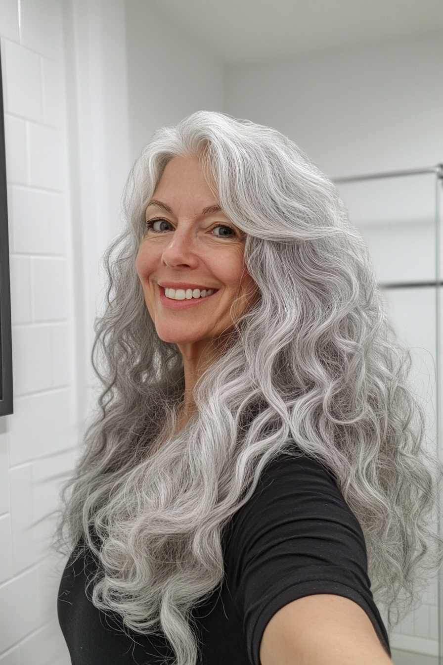 9. Long Cascading Curls in Natural Gray (Curly Hairstyles For Women Over 60) - Curly Hairstyles For Women Over 60