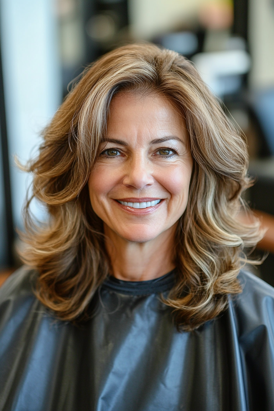 11. Side-Swept Curls in Soft Caramel Brown (Curly Hairstyles For Women Over 60) - Curly Hairstyles For Women Over 60