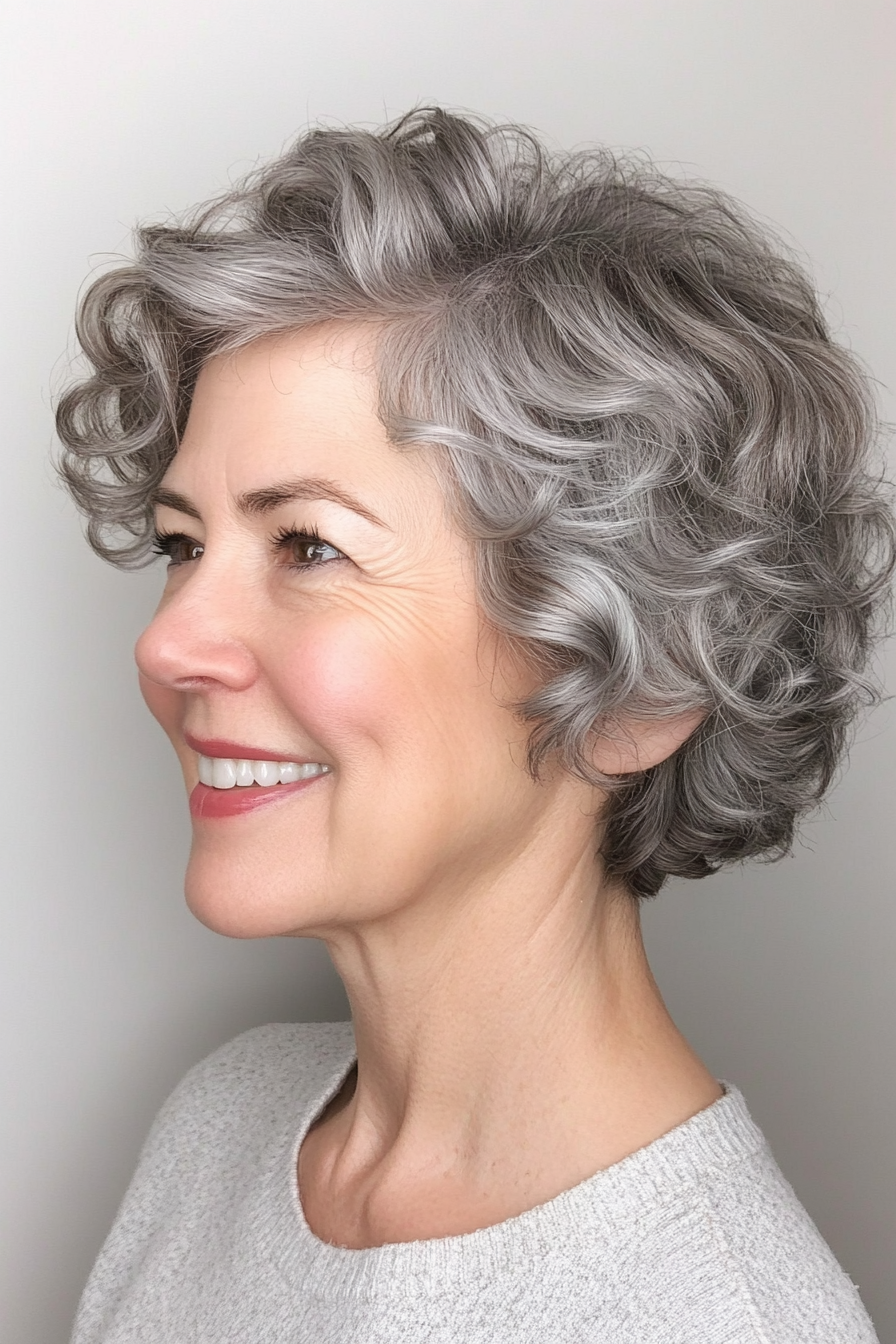 12. Modern Textured Pixie in Cool Silver (Curly Hairstyles For Women Over 60) - Curly Hairstyles For Women Over 60