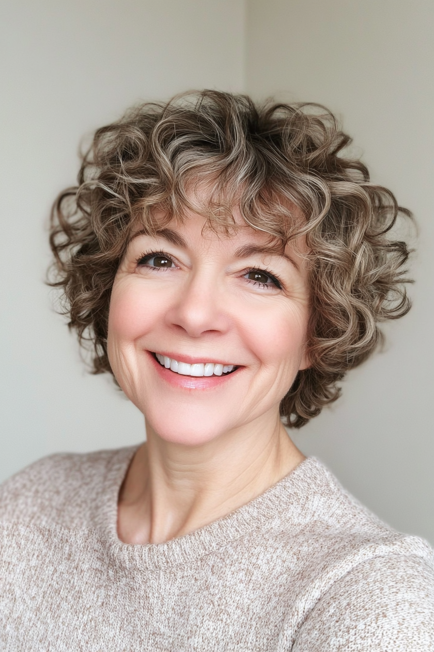 15. Short and Curly with Side Bangs in Ash Brown (Curly Hairstyles For Women Over 60) - Curly Hairstyles For Women Over 60