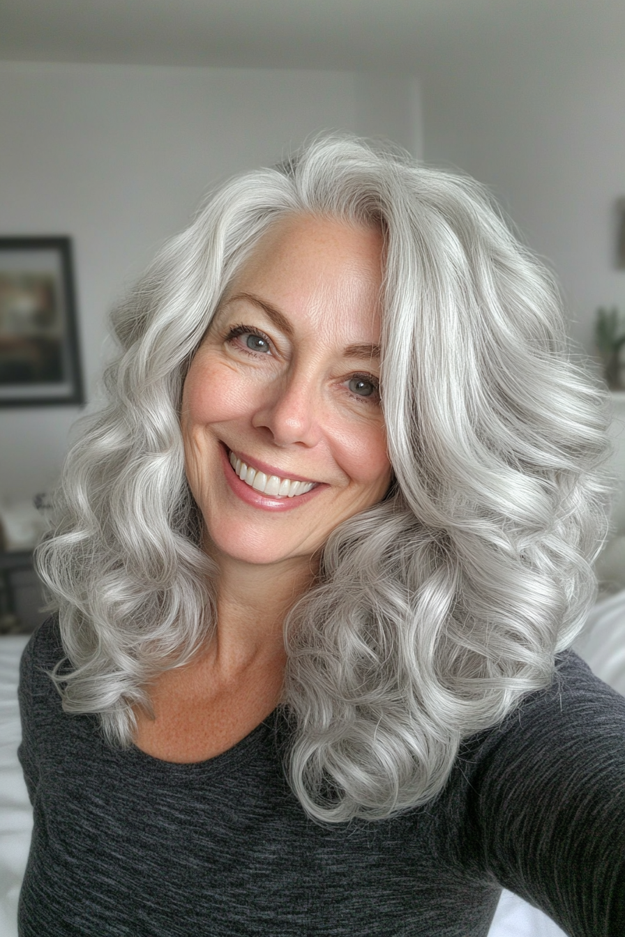 18. Shoulder-Length Waves in Natural Silver (Curly Hairstyles For Women Over 60) - Curly Hairstyles For Women Over 60