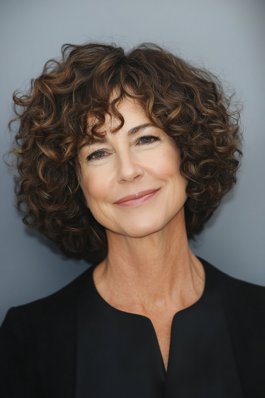 20. Chin-Length Curly Bob with Side Part in Maple Brown (Curly Hairstyles For Women Over 60) - Curly Hairstyles For Women Over 60
