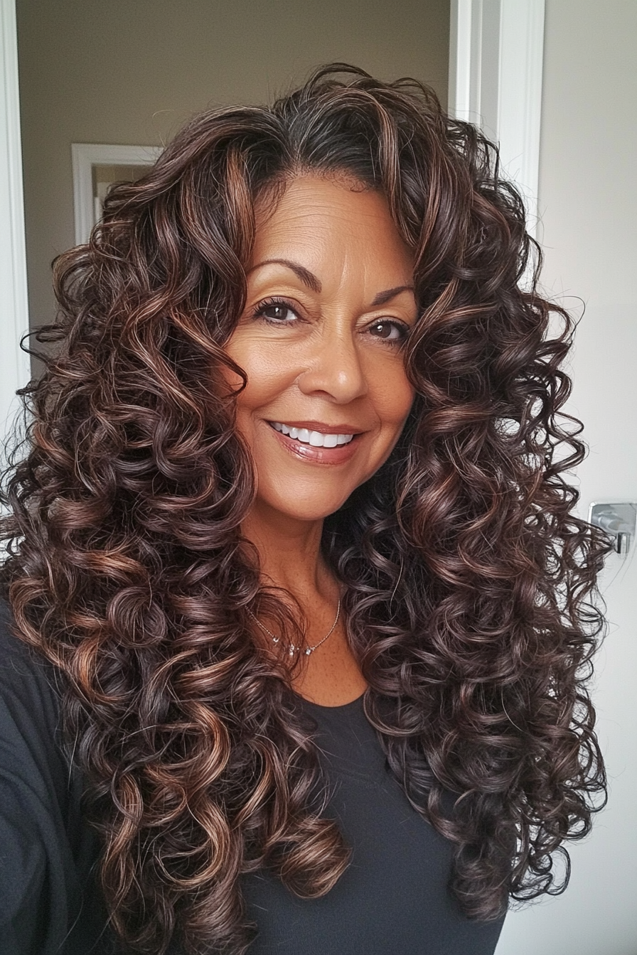 21. Soft Spiral Curls in Deep Mahogany Brown (Curly Hairstyles For Women Over 60) - Curly Hairstyles For Women Over 60