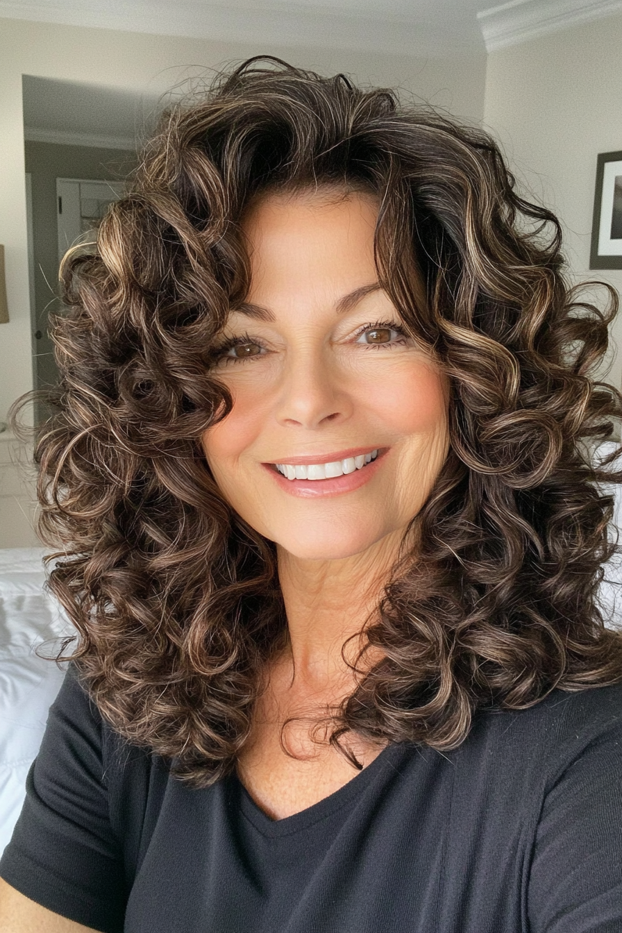 25. Layered Voluminous Lob in Natural Brunette (Curly Hairstyles For Women Over 60) - Curly Hairstyles For Women Over 60