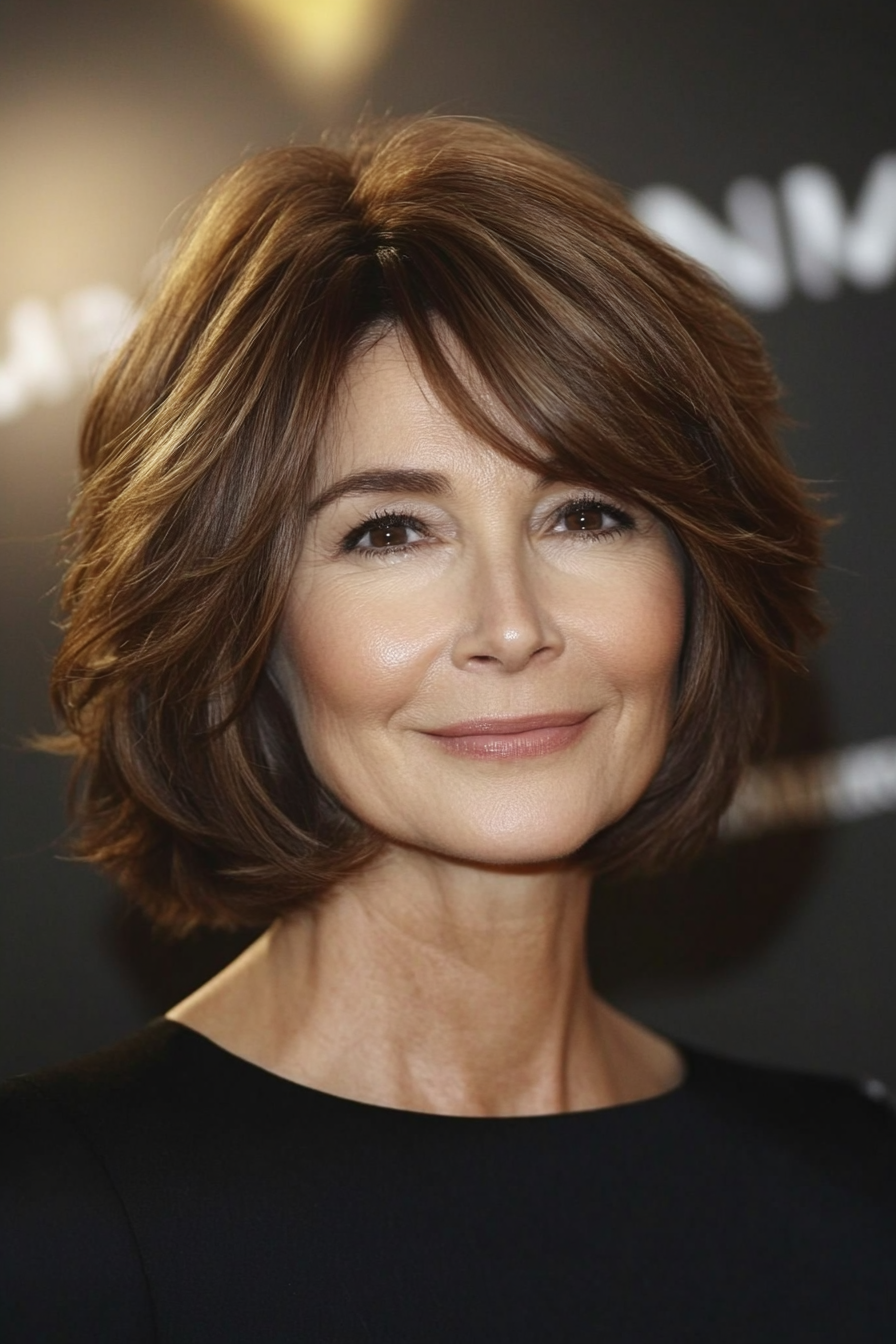 1. Soft Layered Bob in Chestnut Brown (Short Hairstyles For Women Over 50 With Fine Hair) - Short Hairstyles For Women Over 50 With Fine Hair