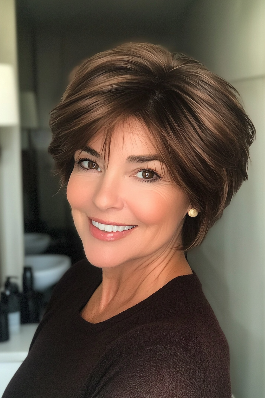 3. Feathered Crop in Dark Chocolate Brown (Short Hairstyles For Women Over 50 With Fine Hair) - Short Hairstyles For Women Over 50 With Fine Hair