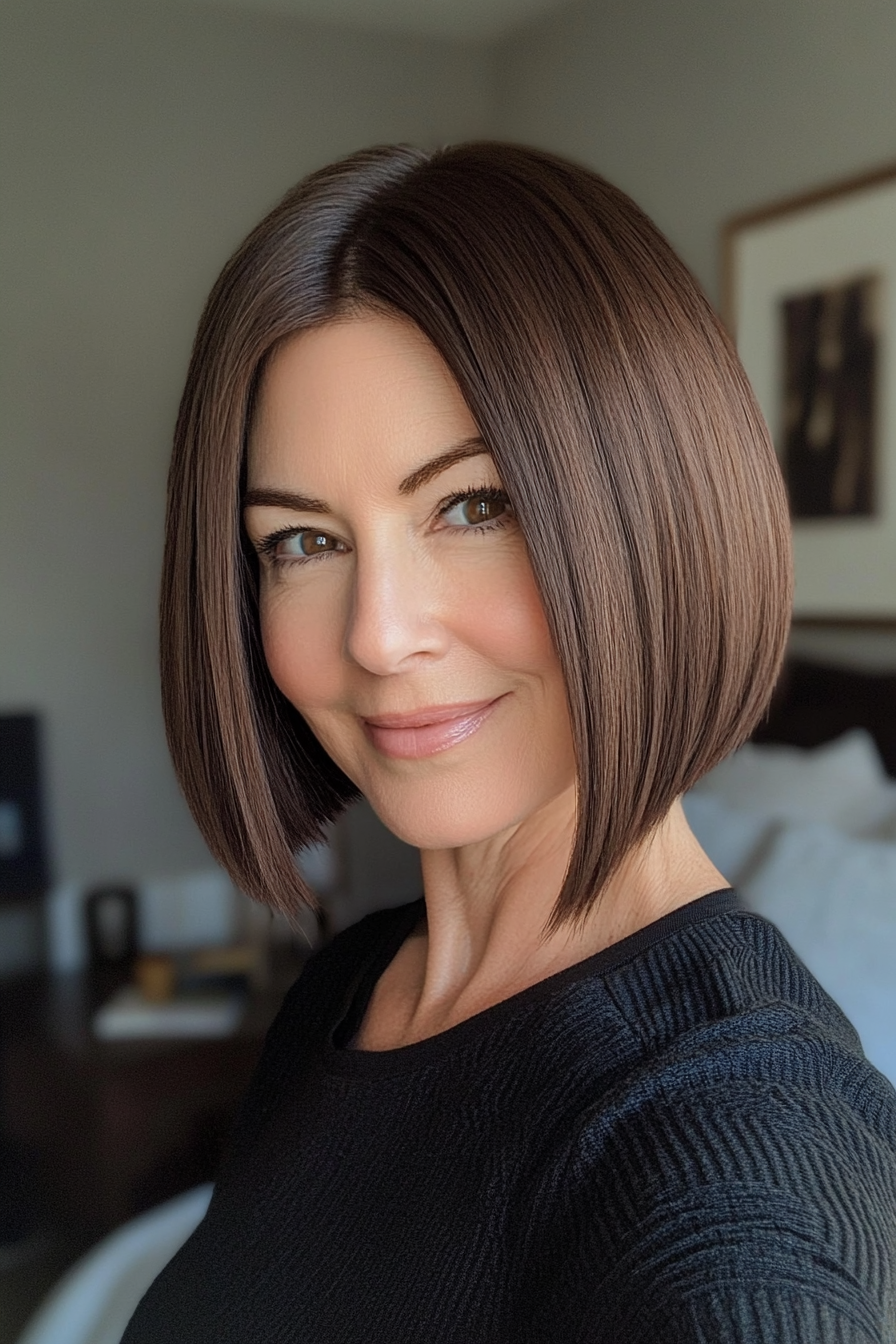 9. Sleek Chin-Length Bob in Espresso Brown (Short Hairstyles For Women Over 50 With Fine Hair) - Short Hairstyles For Women Over 50 With Fine Hair