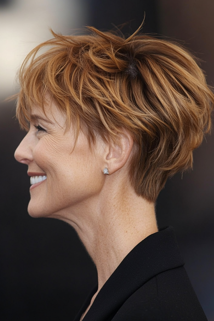10. Messy Pixie in Caramel Brown (Short Hairstyles For Women Over 50 With Fine Hair) - Short Hairstyles For Women Over 50 With Fine Hair