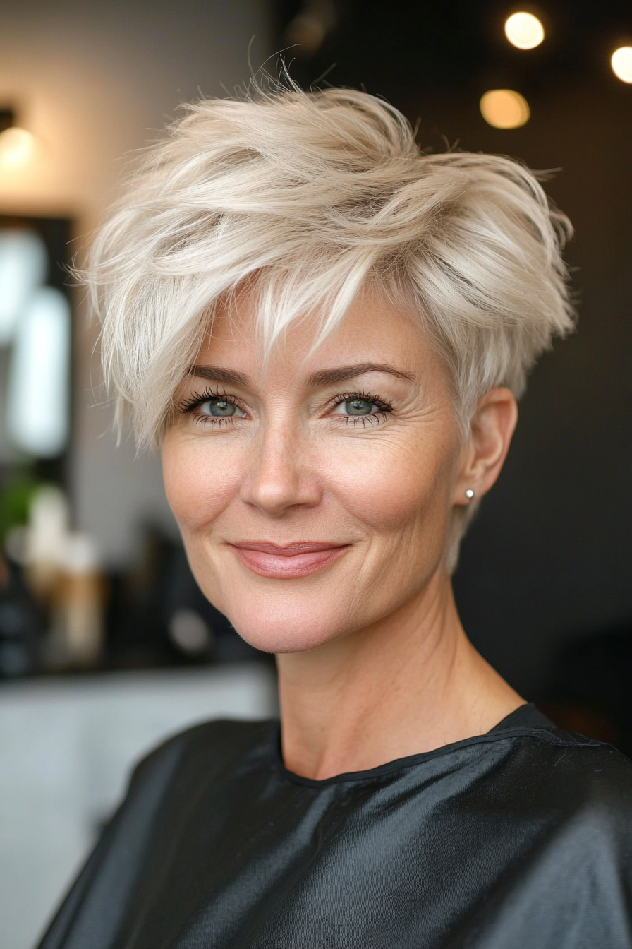 11. Side-Swept Crop in Cool Platinum Blonde (Short Hairstyles For Women Over 50 With Fine Hair) - Short Hairstyles For Women Over 50 With Fine Hair
