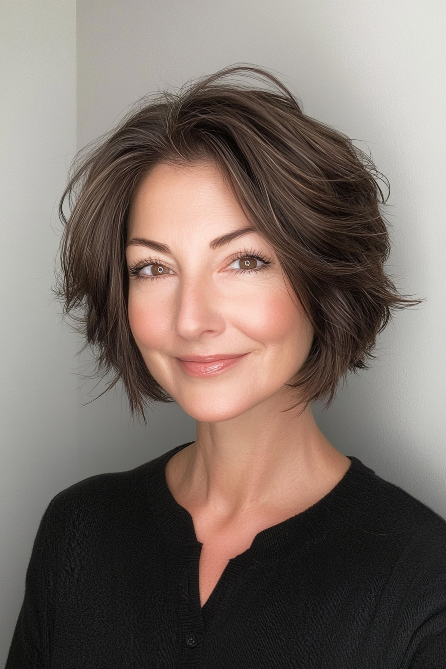 13. Choppy Bob in Dark Ash Brown (Short Hairstyles For Women Over 50 With Fine Hair) - Short Hairstyles For Women Over 50 With Fine Hair