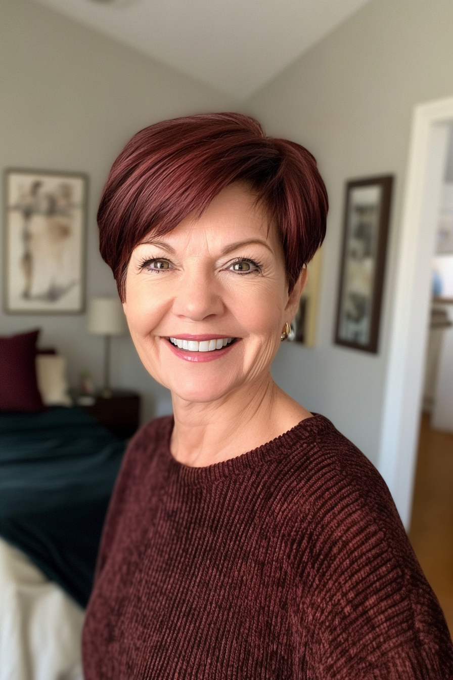 14. Rounded Pixie in Deep Mahogany (Short Hairstyles For Women Over 50 With Fine Hair) - Short Hairstyles For Women Over 50 With Fine Hair