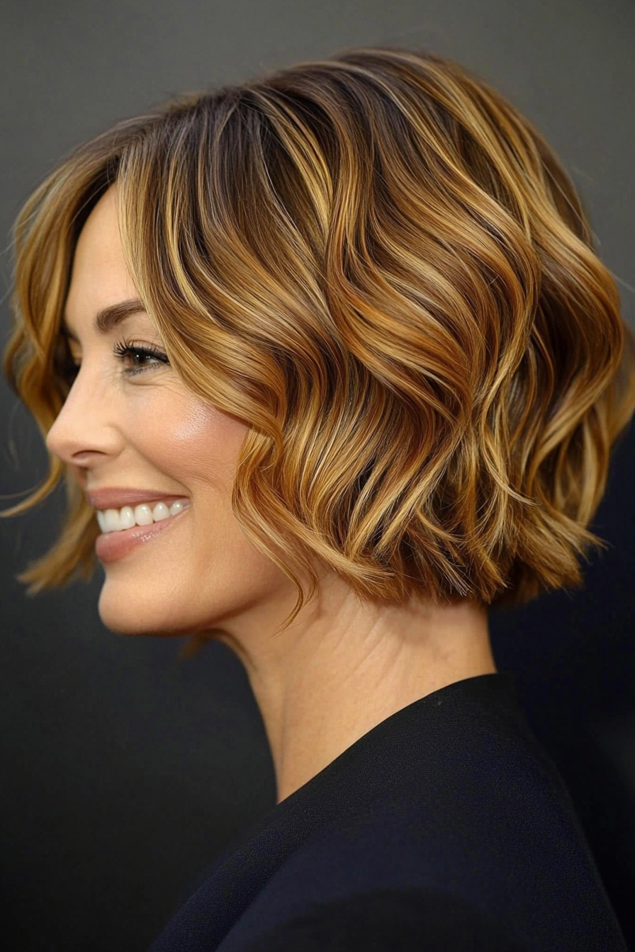 15. Layered Wavy Bob in Honey Brown (Short Hairstyles For Women Over 50 With Fine Hair) - Short Hairstyles For Women Over 50 With Fine Hair
